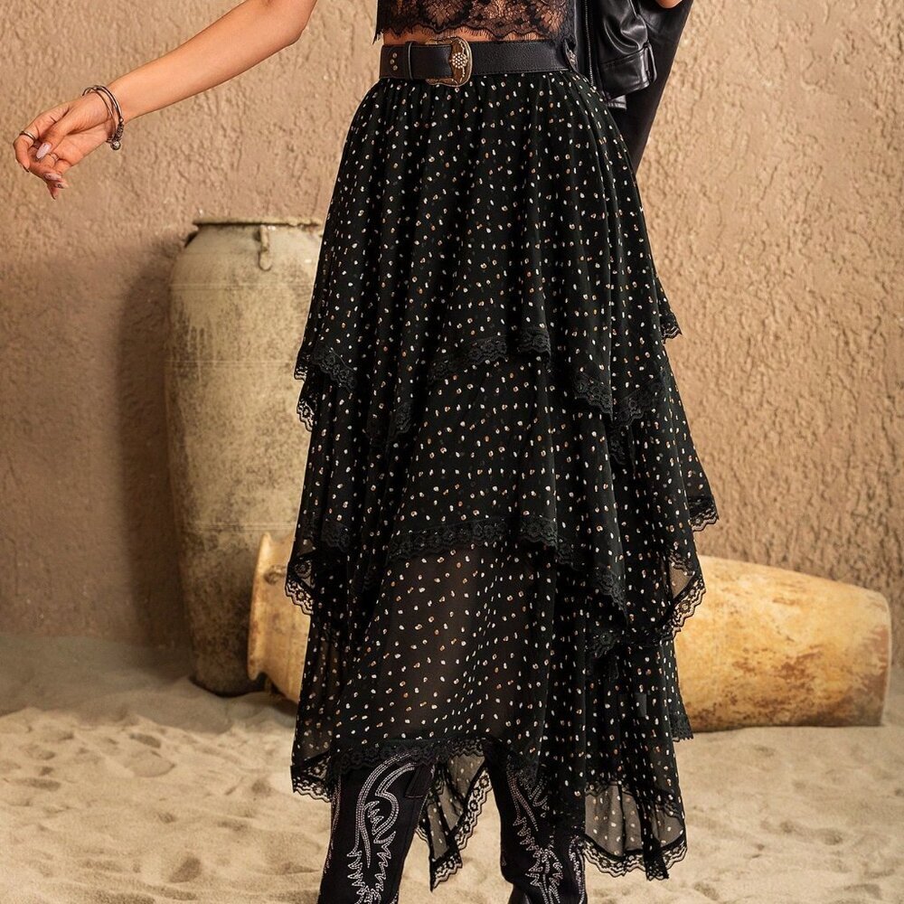 Black Casual Women's Polka-Dot Asymmetric Skirt - Picture 5 of 8